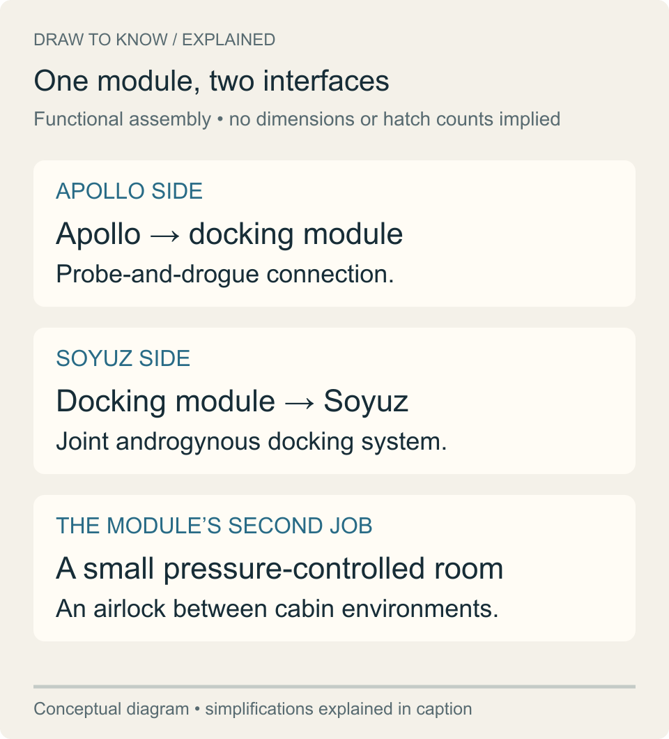 The docking module connects to Apollo through a probe-and-drogue interface and to Soyuz through the joint docking system, while also functioning as an airlock.