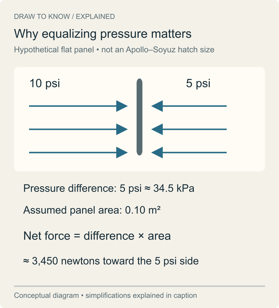 Opposing pressures act on a hypothetical panel. The difference of 5 psi over 0.10 square meter produces about 3450 newtons toward the lower-pressure side.