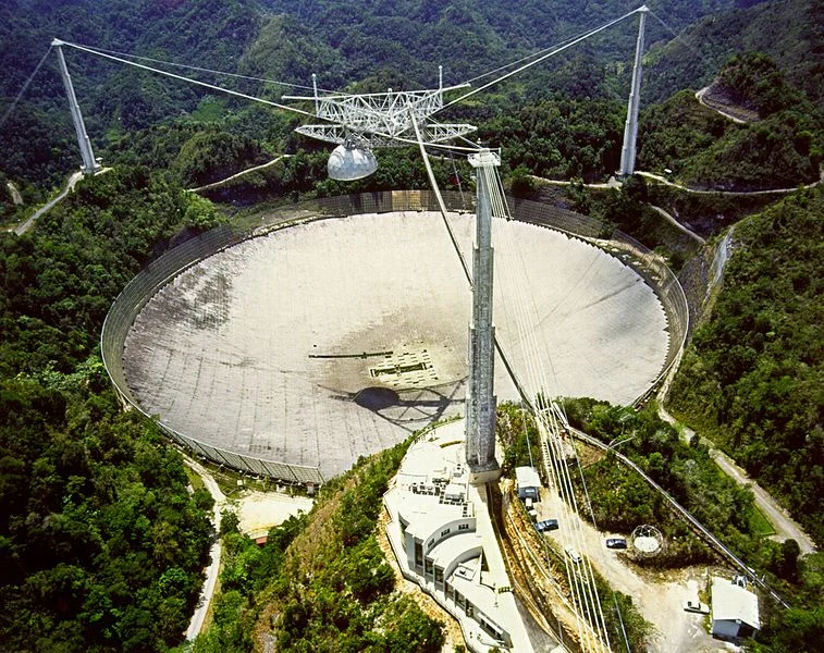 The Arecibo telescope’s circular dish set among green hills in Puerto Rico, with its suspended instrument platform above.
