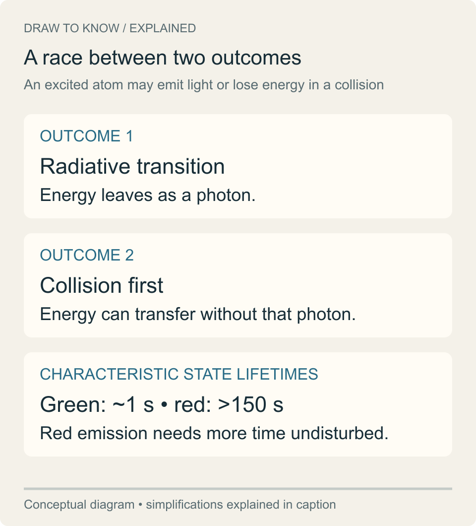 Cards compare photon emission with collision quenching, then give approximate characteristic lifetimes of the relevant green and red oxygen states.