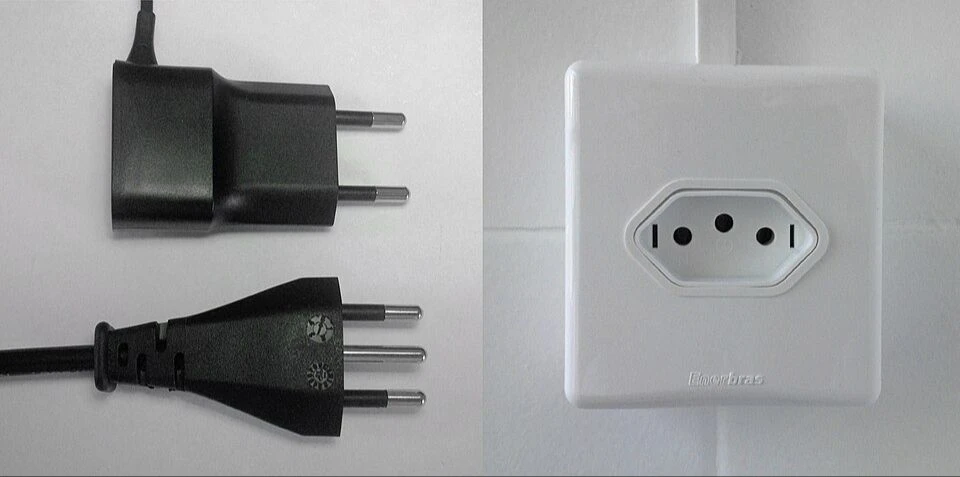 A two-pin charger, three-pin plug and socket-outlet photographed for Brazilian NBR 14136.