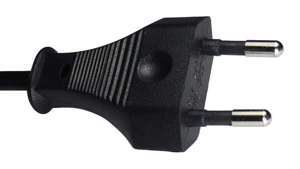 A black flat Europlug with two partly insulated round pins on a white background.