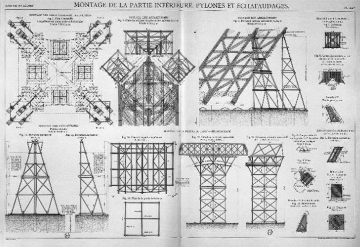 A historical engineering plate showing plans and elevations of temporary supports and scaffolding for the tower’s lower structure.