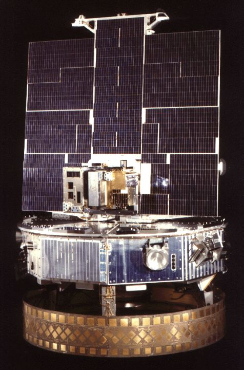P78-1 satellite hardware with a vertical solar panel above a cylindrical instrument platform.