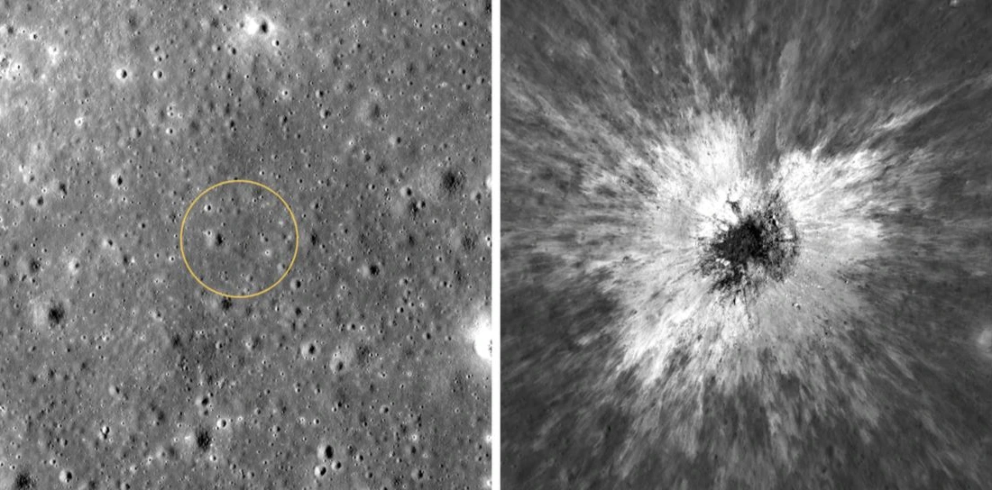NAC before and after images: a yellow circle on old terrain at left and a new crater with bright ejecta at right.