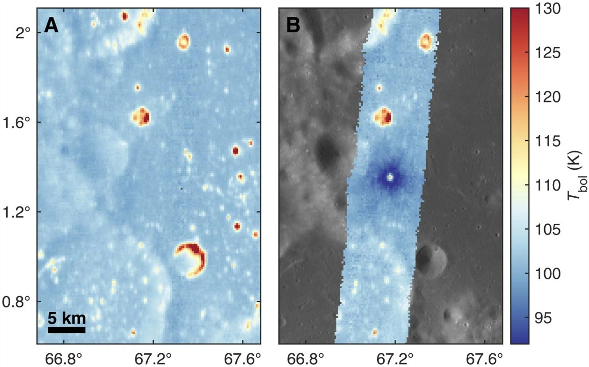 Diviner maps before and after impact show a dark blue cold halo surrounding a small warm center in the new targeted strip.