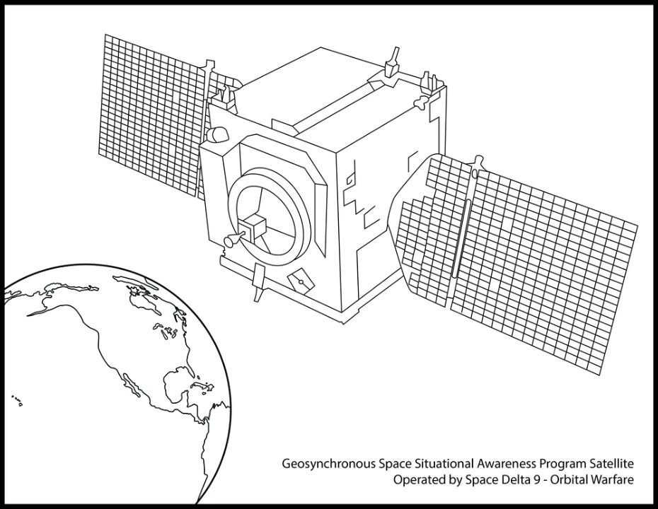 Official black-and-white line illustration of a GSSAP satellite with two solar arrays above a partial Earth.