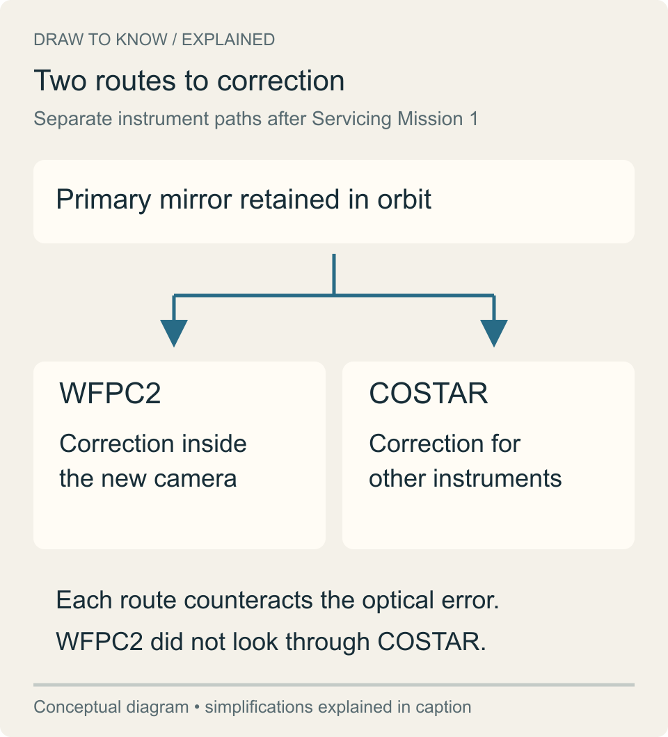 A common primary mirror branches into two independent correction routes: internal WFPC2 optics and COSTAR serving other instruments.