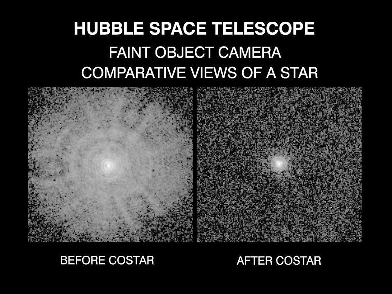 Two Faint Object Camera images of Melnick 34: a broad halo before COSTAR at left and a much tighter star image after COSTAR at right.