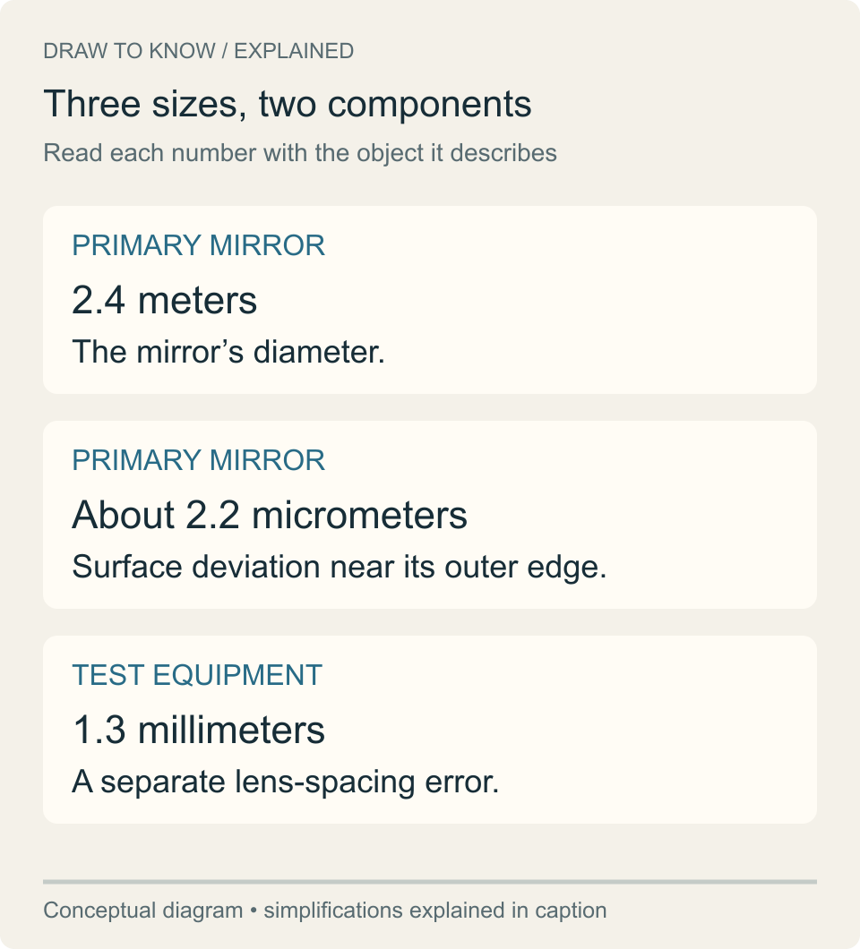 Three cards distinguish mirror diameter, mirror surface deviation and a separate error in the test equipment.