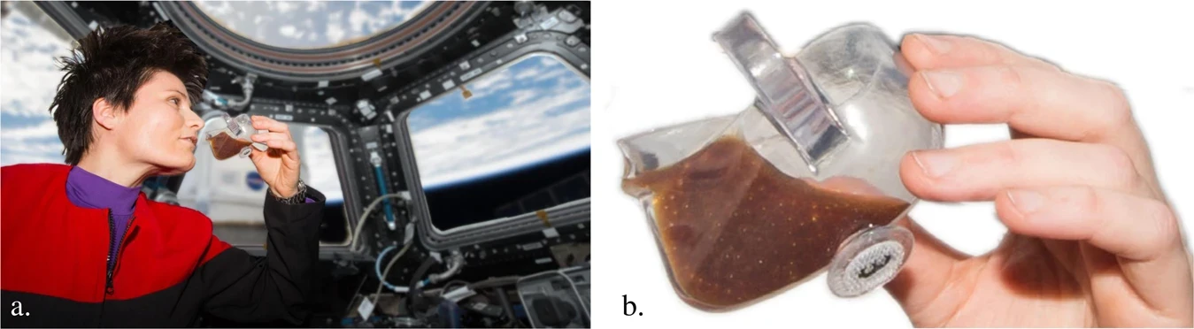 Two published photographs show Cristoforetti sipping from a clear Space Cup in the cupola and a close view of coffee touching its lip.