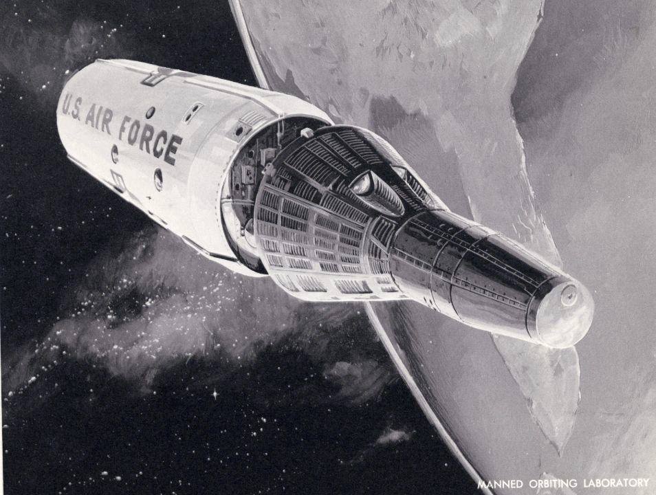 Black-and-white concept illustration of a Gemini-B capsule separating from the cylindrical MOL above Earth.