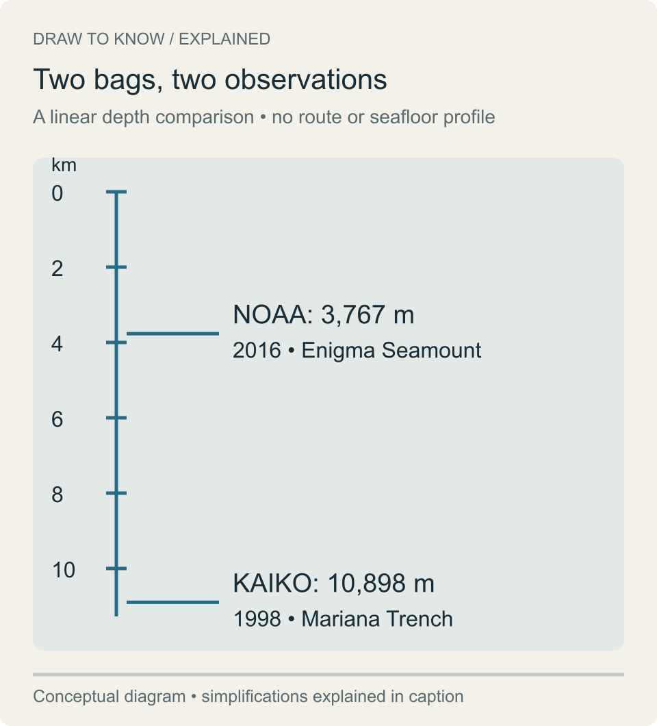 A linear depth axis places the 2016 NOAA observation at 3767 meters and the separate 1998 KAIKO observation at 10898 meters.