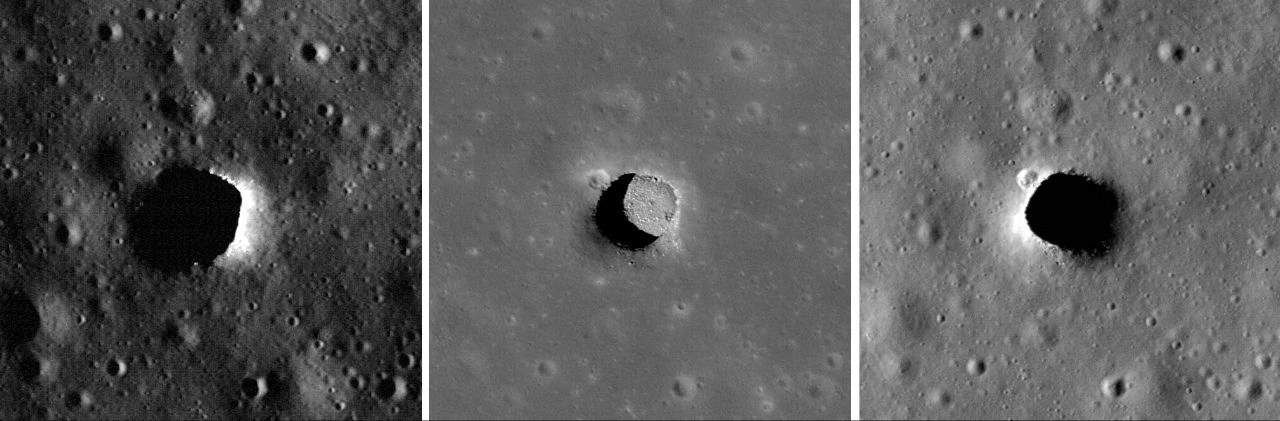 Three orbital views of Marius Hills pit; the middle high-Sun view exposes much of the floor while the outer views are mostly shadowed.