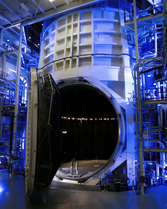 Open hatch of the large Chamber A thermal vacuum test chamber at NASA Johnson.