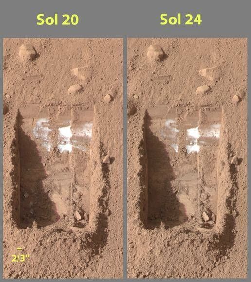 Two Phoenix lander camera views of an excavated trench, showing bright ice chunks disappearing over four sols.