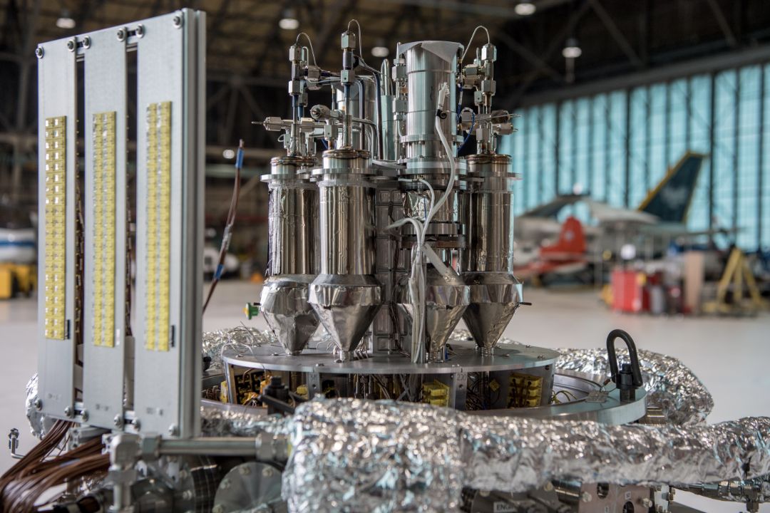 The Kilopower experimental reactor assembly surrounded by laboratory test equipment.