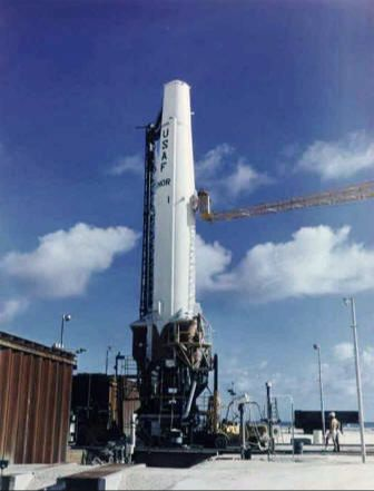 White Thor missile upright on its launch structure at Johnston Island.