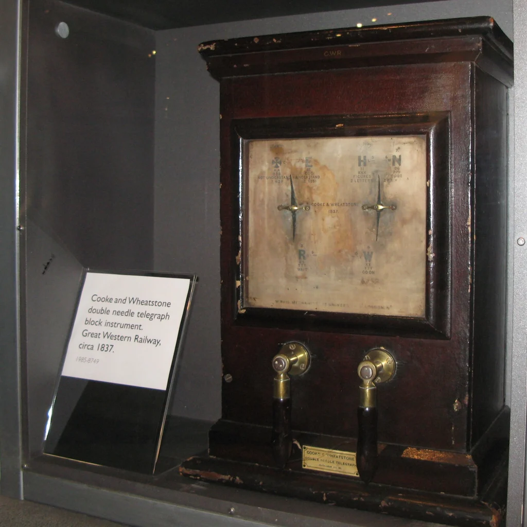 A preserved Cooke and Wheatstone double-needle telegraph in a wooden case, photographed on display at the National Railway Museum.