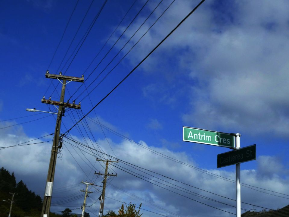 Medium-voltage overhead lines on concrete poles at a street intersection in Wainuiomata, New Zealand.