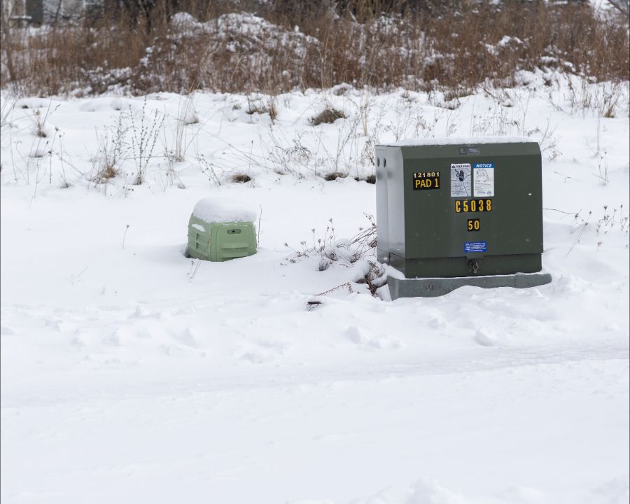A pad-mounted electrical enclosure and access cover in snow.