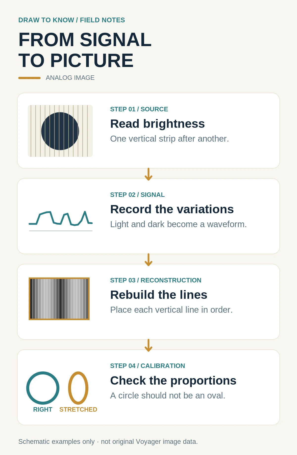 Four-panel diagram of image brightness read in vertical lines, a made-up analog waveform, vertical picture reconstruction, and a circular calibration mark.