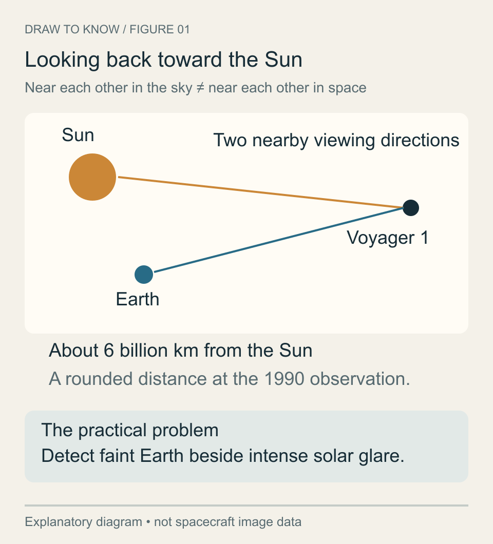 Conceptual geometry: Voyager looks toward Earth and the Sun along two nearby directions. Sizes, distances and angles are exaggerated.